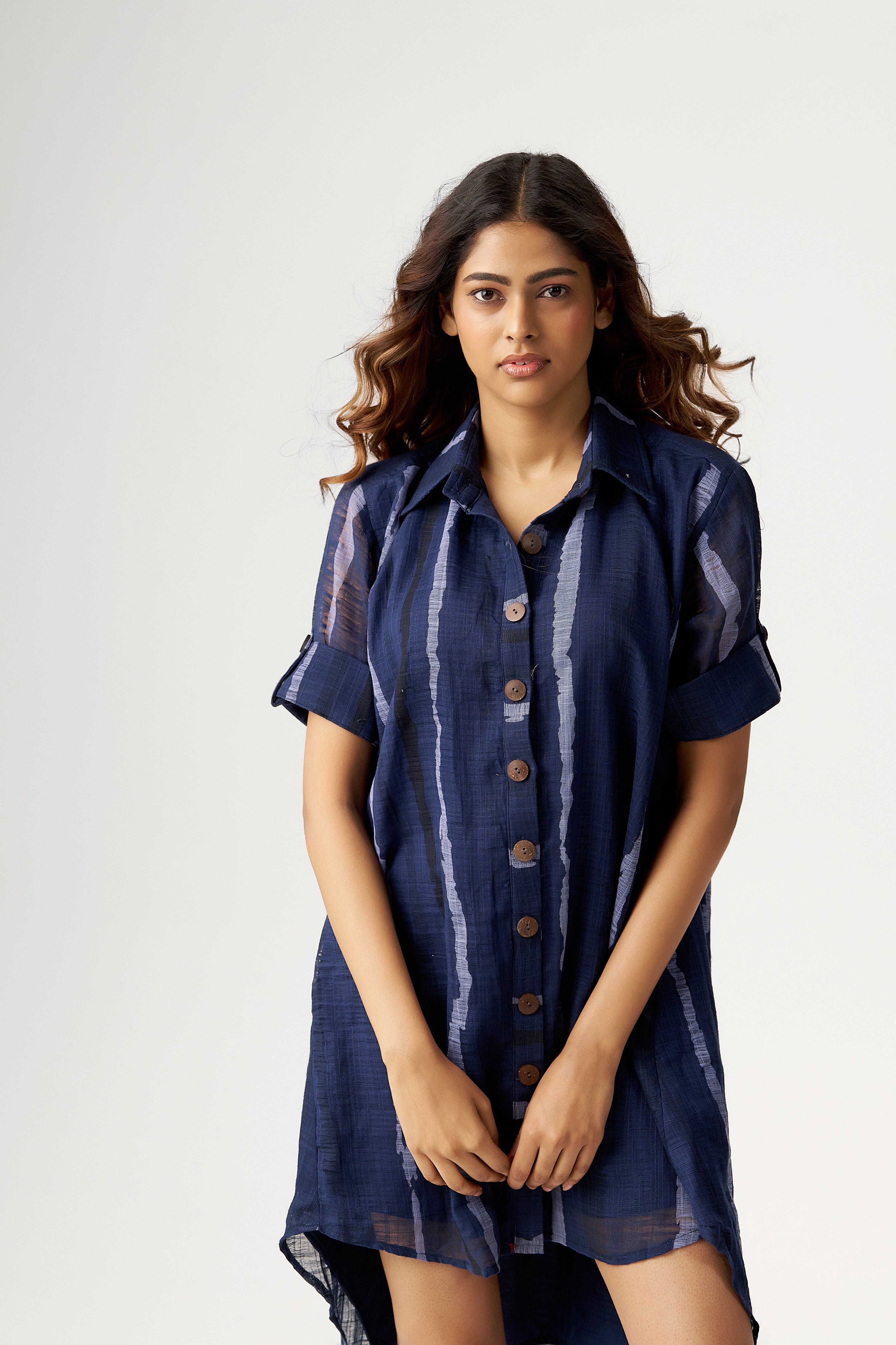 NAVY TIE-DYE SHIRT DRESS