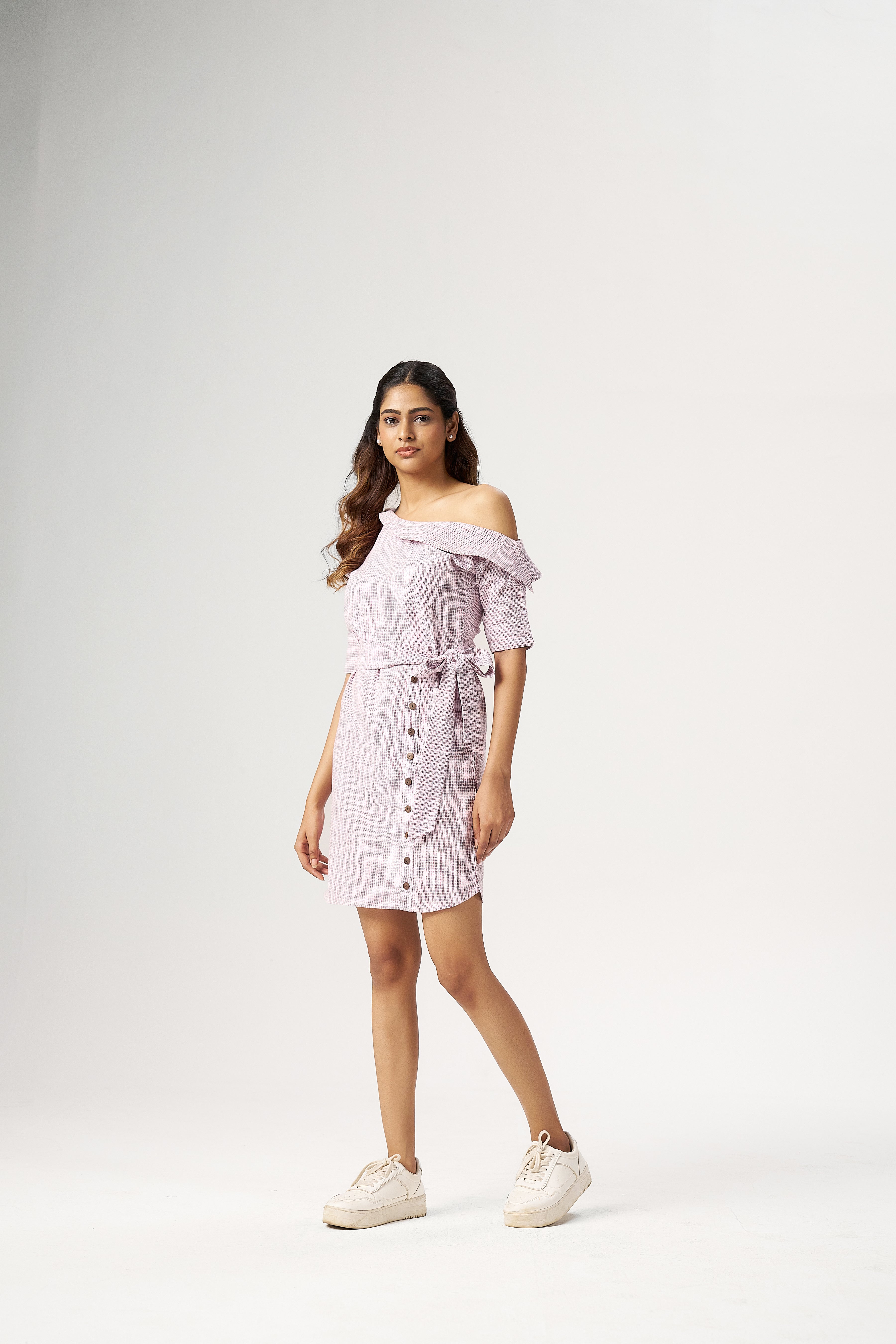 BELTED OFF SHOULDER DRESS