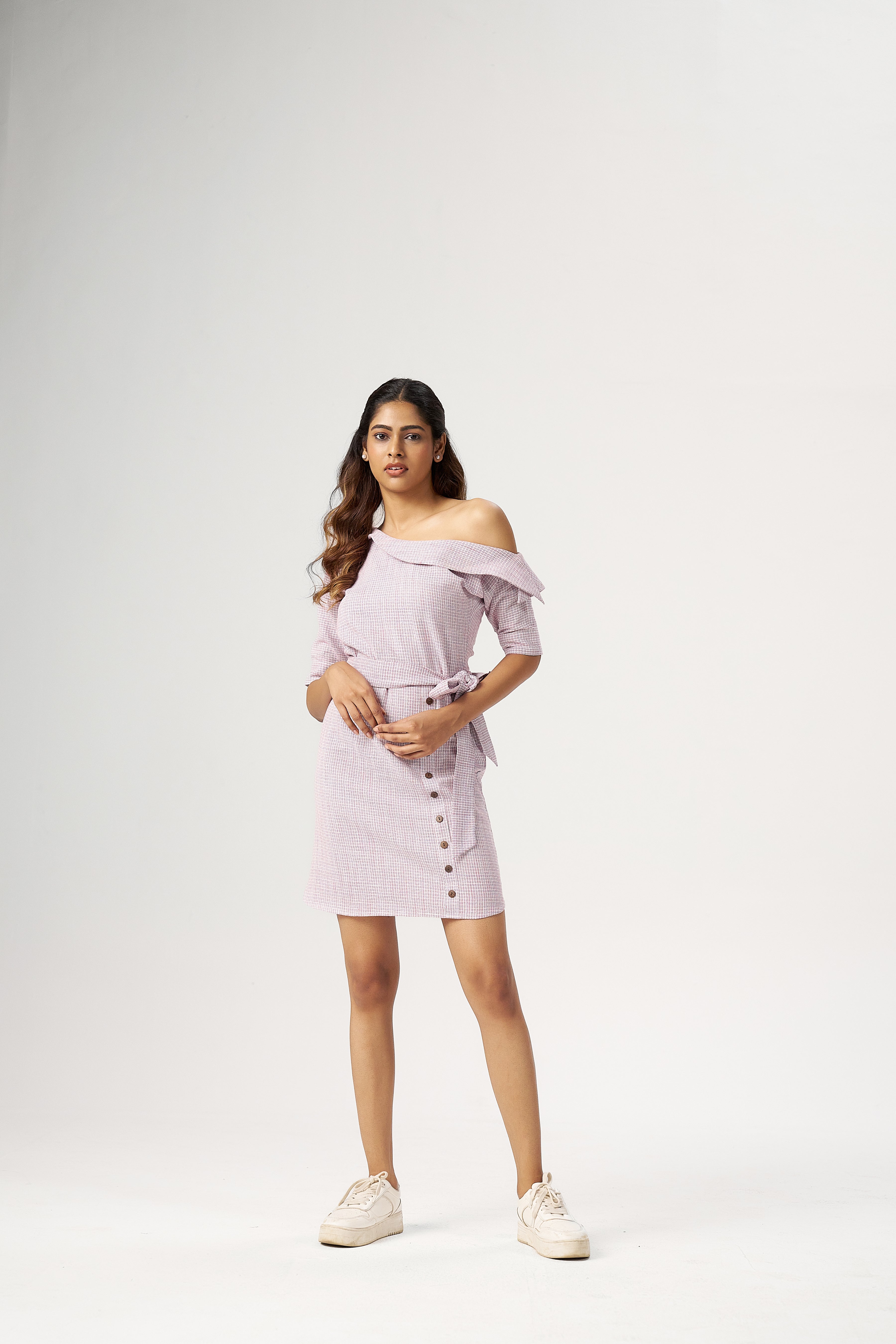 BELTED OFF SHOULDER DRESS