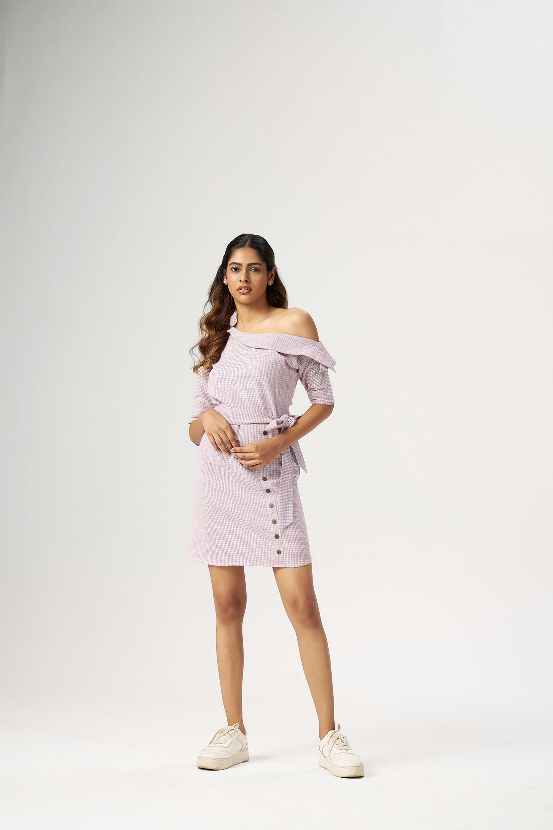 BELTED OFF SHOULDER DRESS