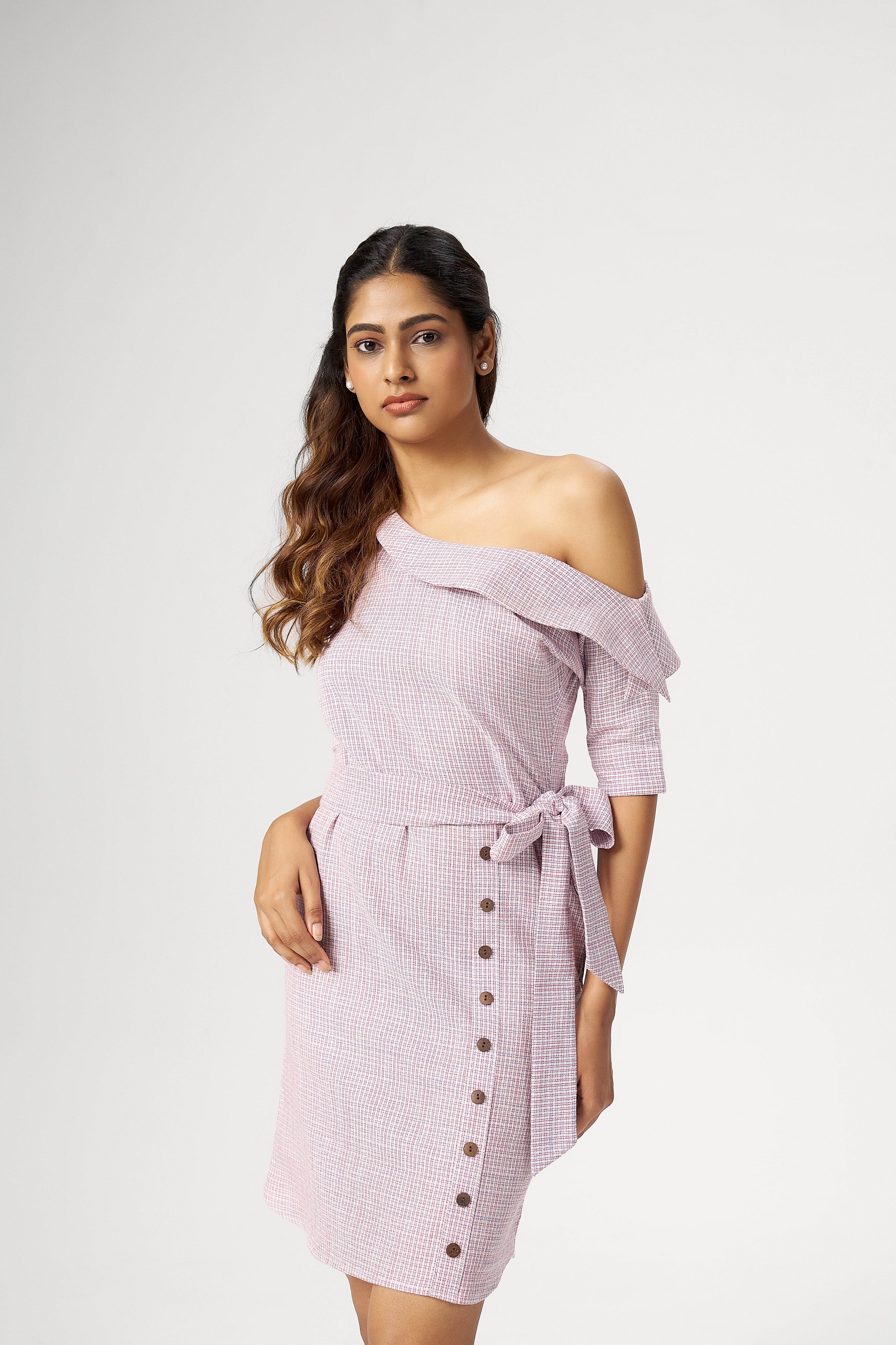 BELTED OFF SHOULDER DRESS