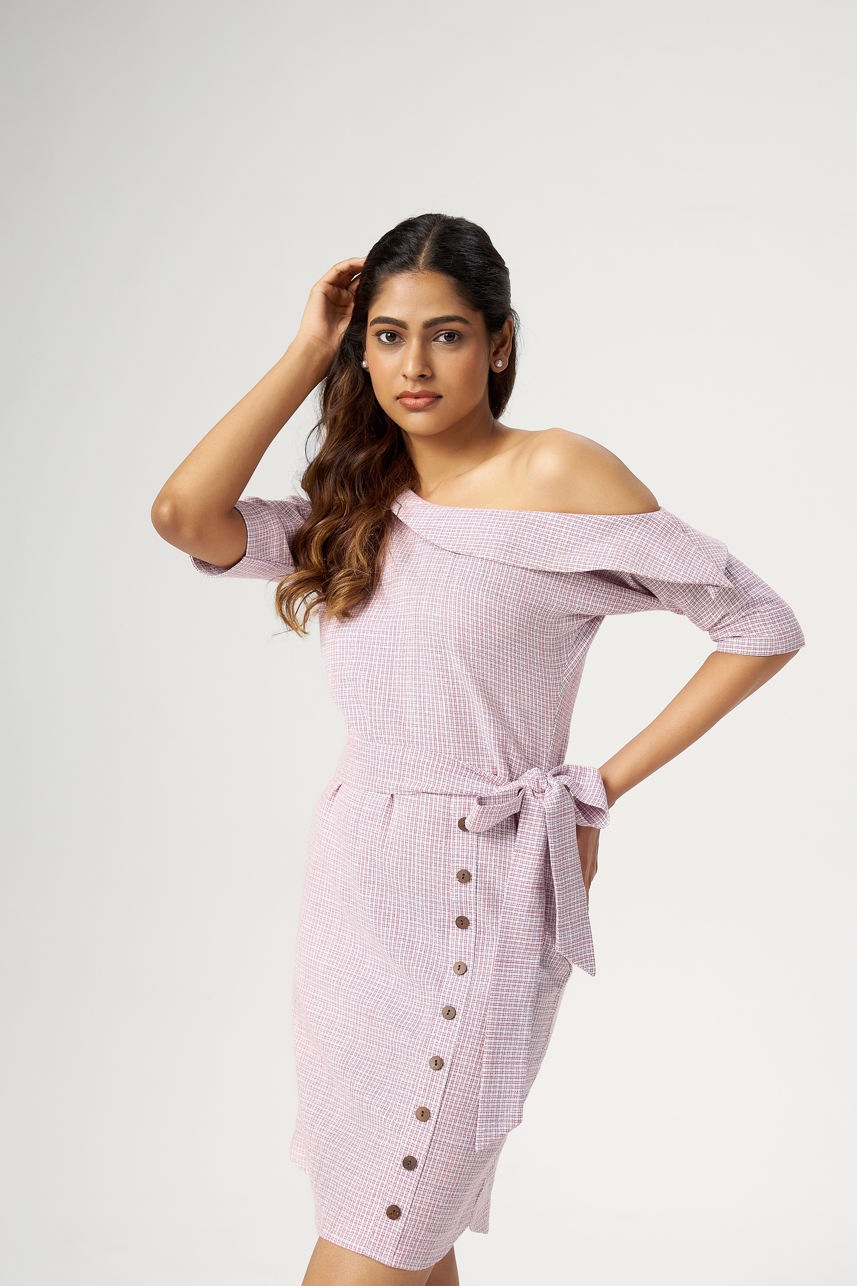 BELTED OFF SHOULDER DRESS